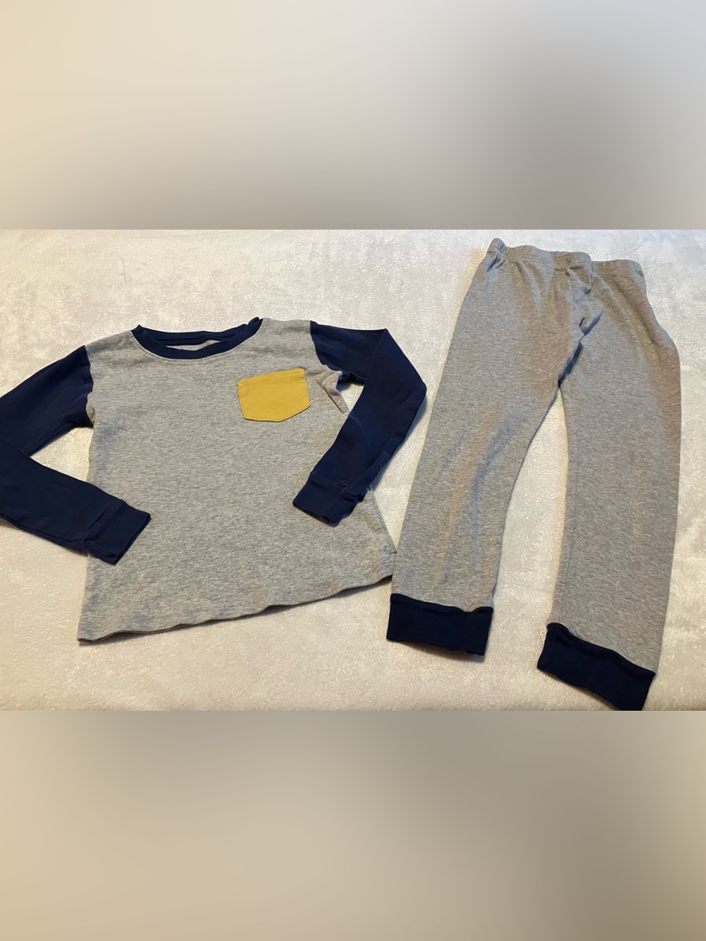 Gray and Navy Two-Piece Pajama Set with Yellow Pocket